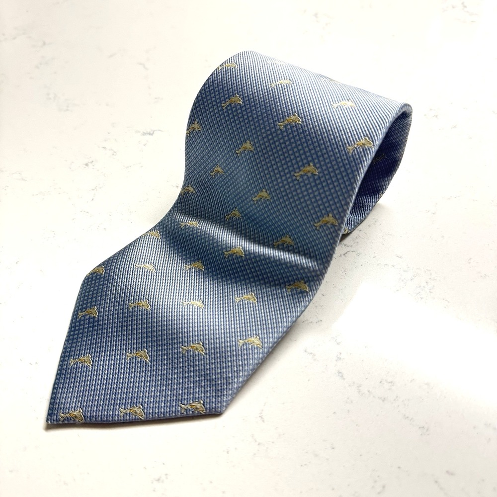 Vintage Chaps Ralph‎ Lauren Nautical Blue Silver Dolphins Silk Tie